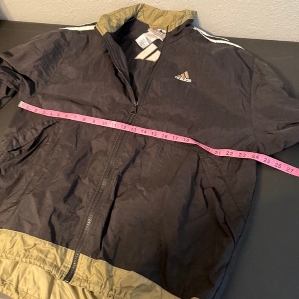 Adidas XL Vintage Gold Black Nylon Windbreaker Jacket White Stripes Zip - Picture 5 of 7